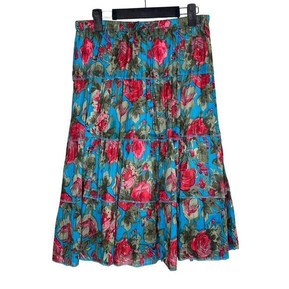 Solitaire Floral Pull On High Waisted Tiered Midi A-Line Skit Blue/Red Women's S - Picture 1 of 8